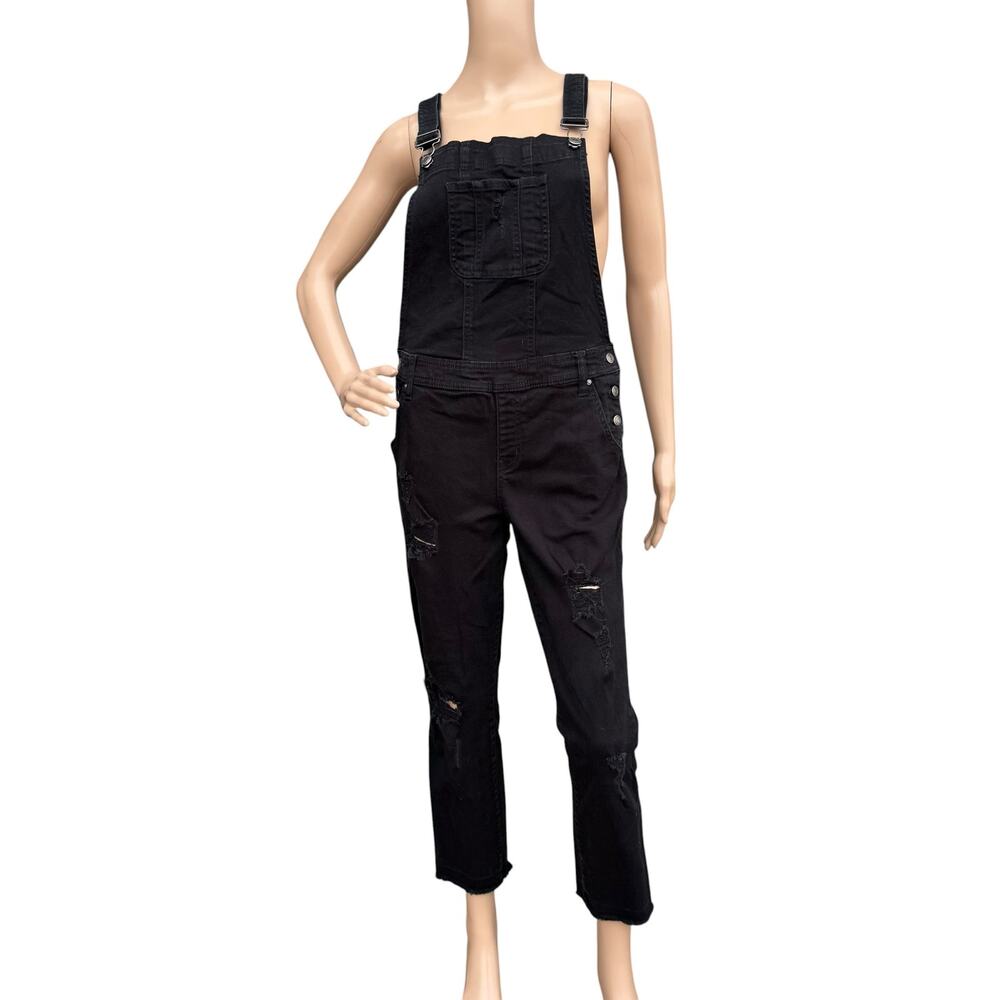Black Daisy Distressed Denim Overalls Frayed Raw Hem Black Medium M